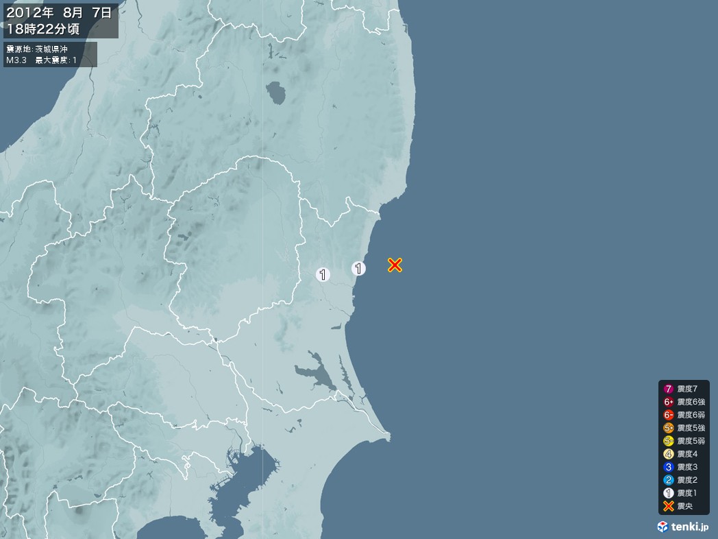地震情報 2012年08月07日 18時22分頃発生 最大震度：1 震源地：茨城県沖(拡大画像)