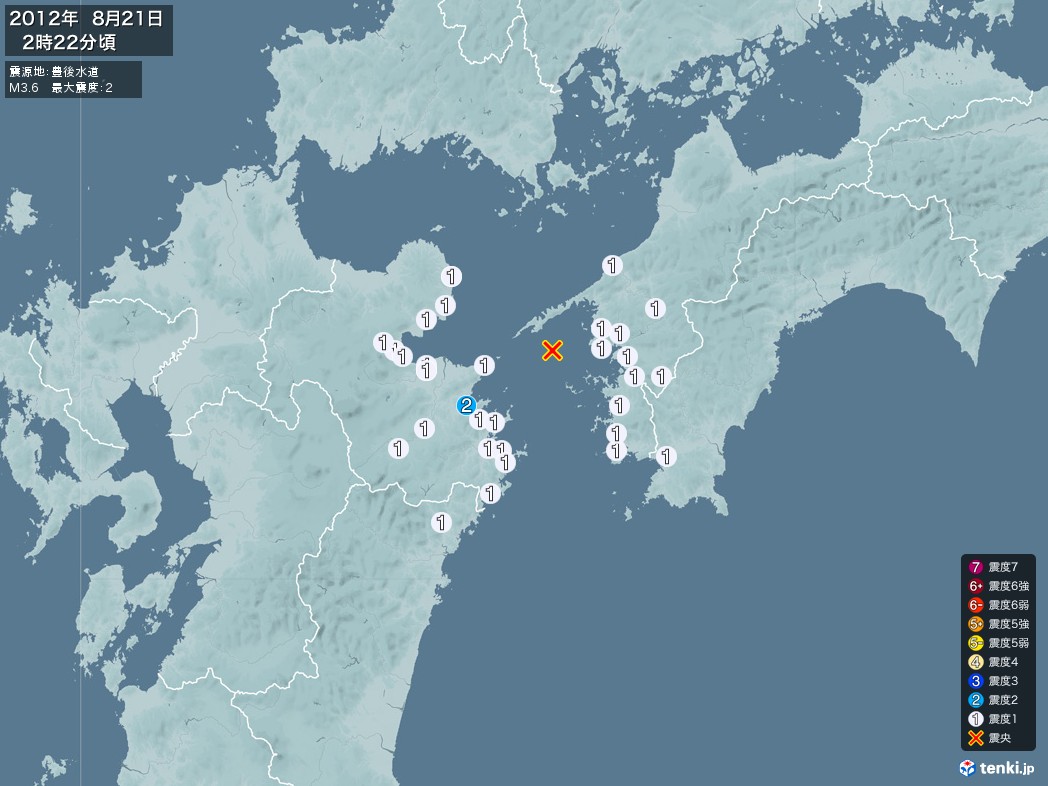 地震情報 2012年08月21日 02時22分頃発生 最大震度：2 震源地：豊後水道(拡大画像)