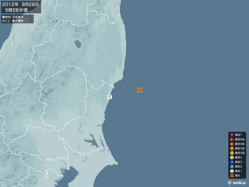 地震情報 2012年08月28日 05時28分頃発生 最大震度：1 震源地：茨城県沖(拡大画像)