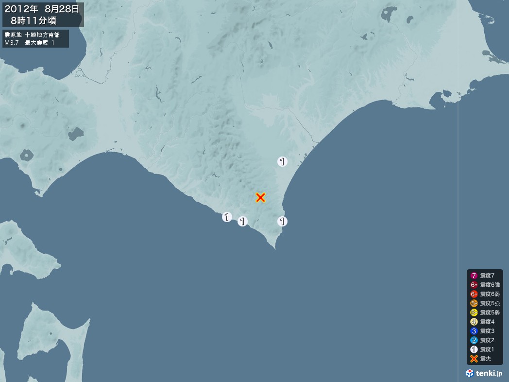 地震情報 2012年08月28日 08時11分頃発生 最大震度：1 震源地：十勝地方南部(拡大画像)