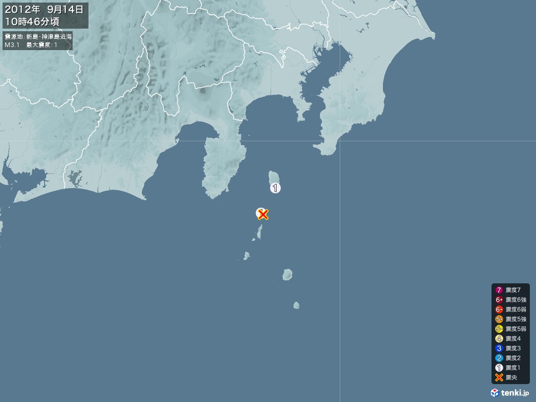 地震情報 2012年09月14日 10時46分頃発生 最大震度：1 震源地：新島・神津島近海(拡大画像)