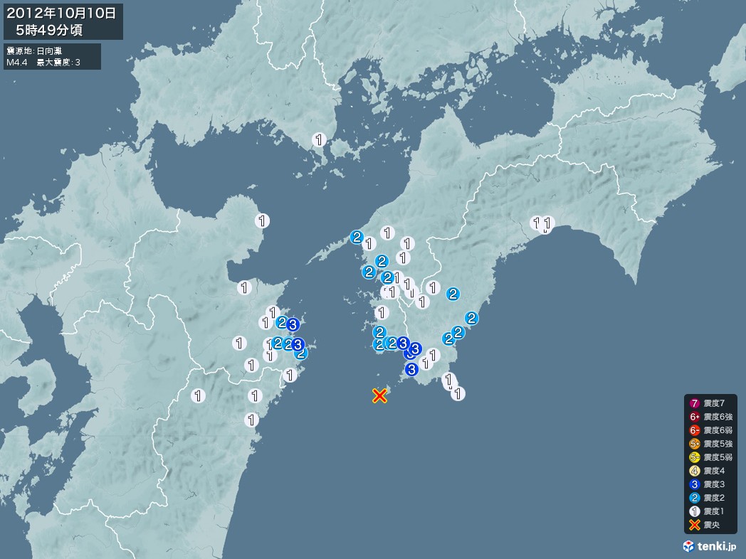 地震情報 2012年10月10日 05時49分頃発生 最大震度：3 震源地：日向灘(拡大画像)