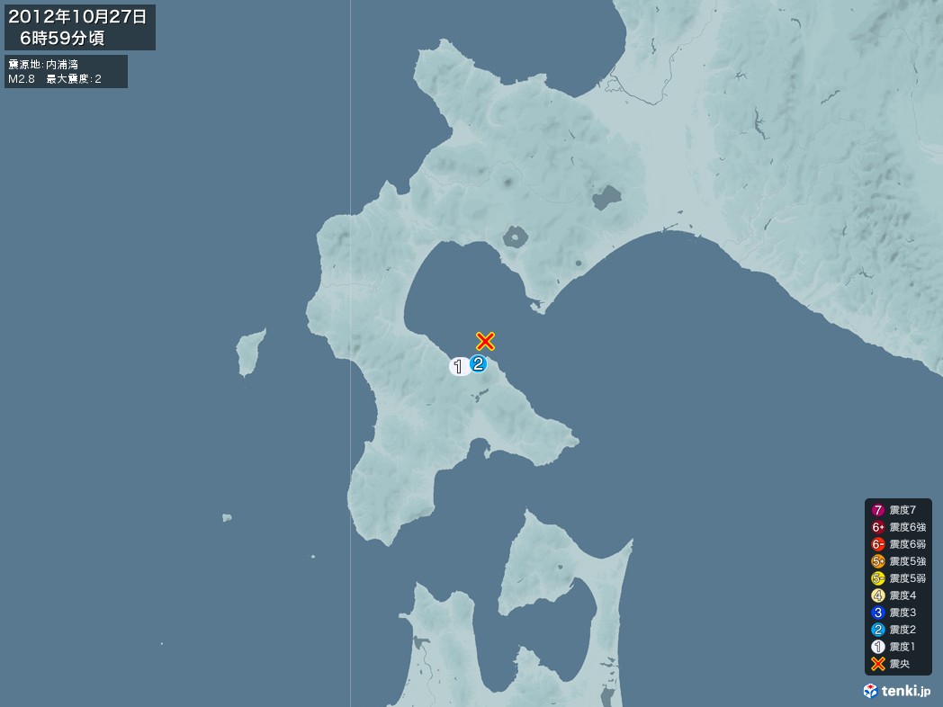 地震情報 2012年10月27日 06時59分頃発生 最大震度：2 震源地：内浦湾(拡大画像)