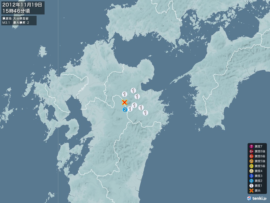 地震情報 2012年11月19日 15時46分頃発生 最大震度：2 震源地：大分県西部(拡大画像)