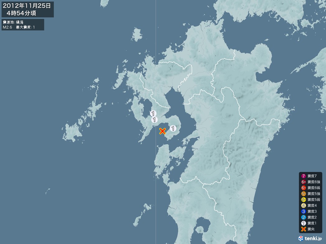 地震情報 2012年11月25日 04時54分頃発生 最大震度：1 震源地：橘湾(拡大画像)