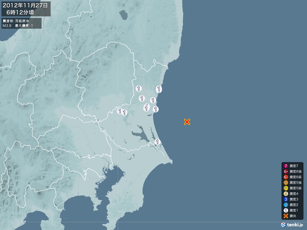 地震情報 2012年11月27日 06時12分頃発生 最大震度：1 震源地：茨城県沖(拡大画像)