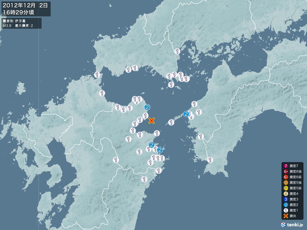 地震情報 2012年12月02日 16時29分頃発生 最大震度：2 震源地：伊予灘(拡大画像)