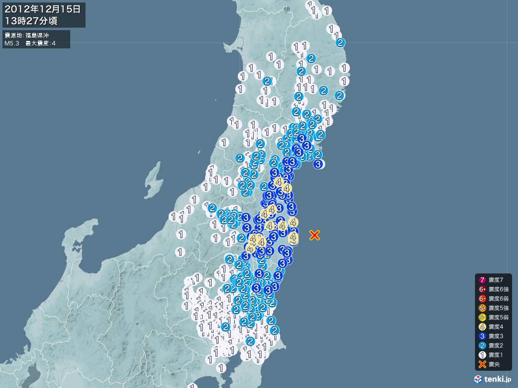 地震情報 2012年12月15日 13時27分頃発生 最大震度：4 震源地：福島県沖(拡大画像)