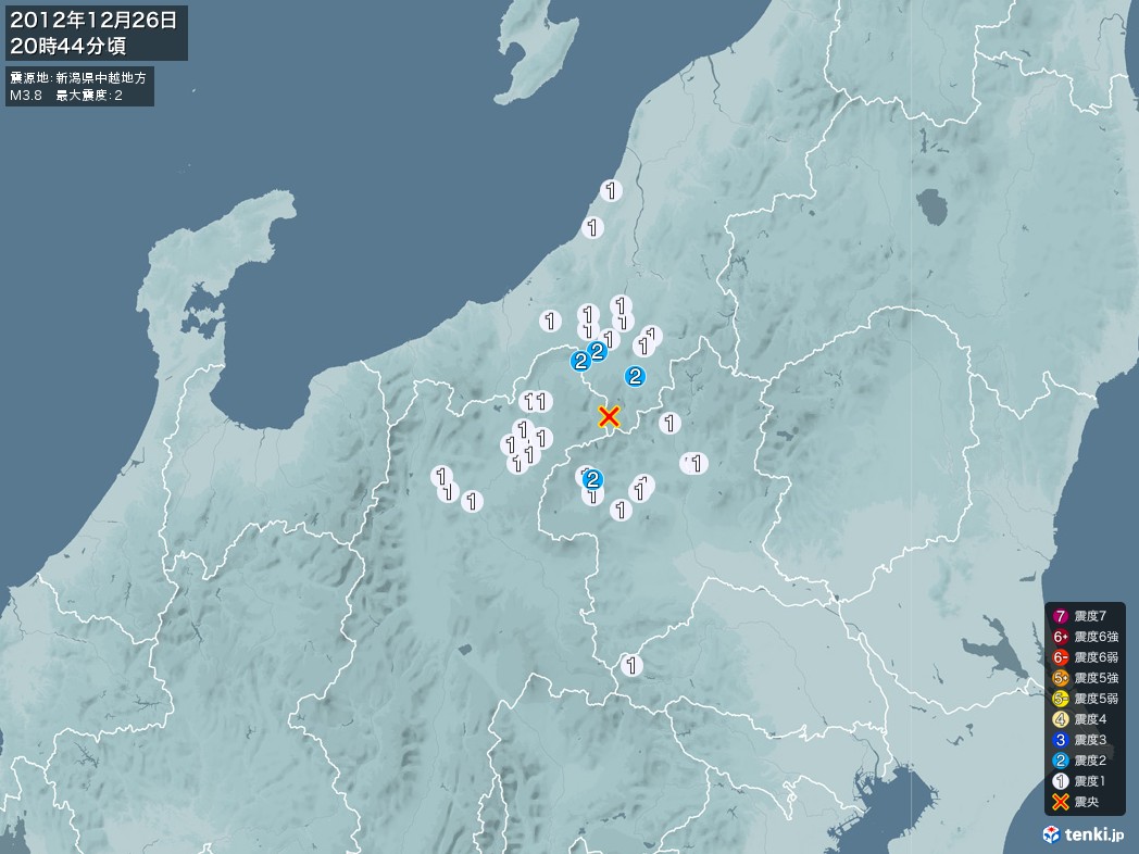 地震情報 2012年12月26日 20時44分頃発生 最大震度：2 震源地：新潟県中越地方(拡大画像)