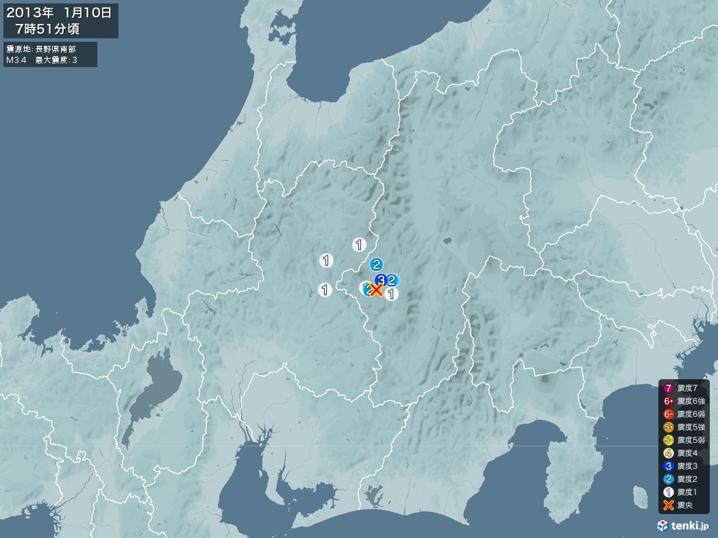 地震情報 2013年01月10日 07時51分頃発生 最大震度：3 震源地：長野県南部(拡大画像)