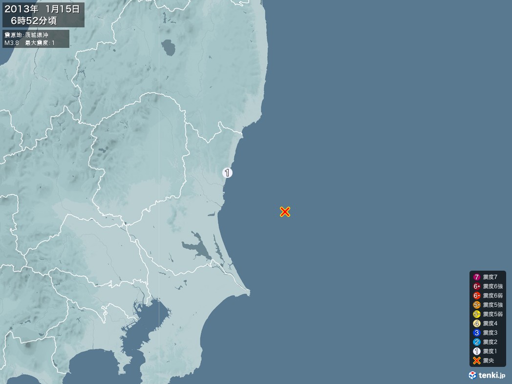 地震情報 2013年01月15日 06時52分頃発生 最大震度：1 震源地：茨城県沖(拡大画像)