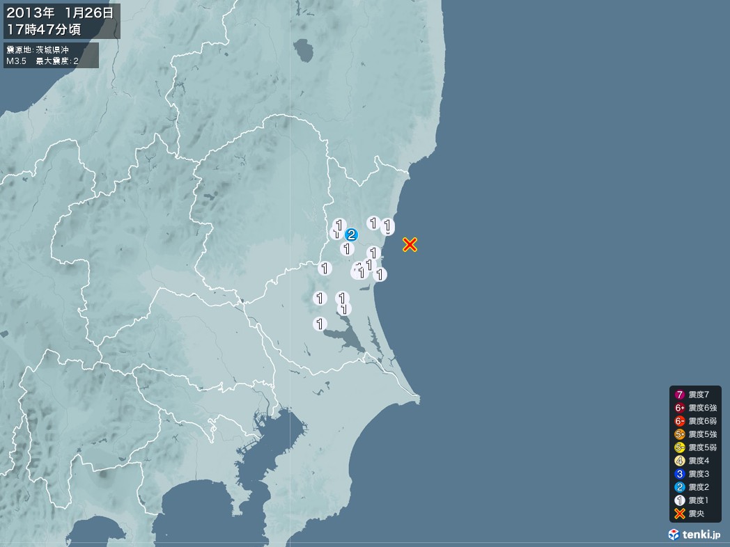 地震情報 2013年01月26日 17時47分頃発生 最大震度：2 震源地：茨城県沖(拡大画像)