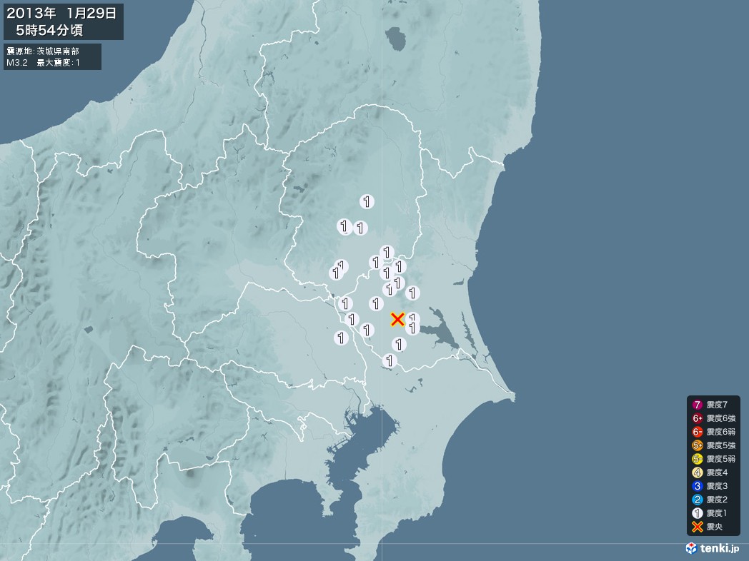 地震情報 2013年01月29日 05時54分頃発生 最大震度：1 震源地：茨城県南部(拡大画像)