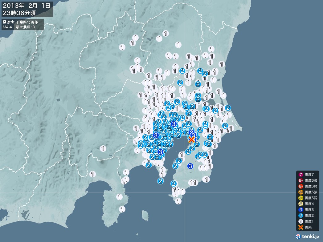地震情報 2013年02月01日 23時06分頃発生 最大震度：3 震源地：千葉県北西部(拡大画像)