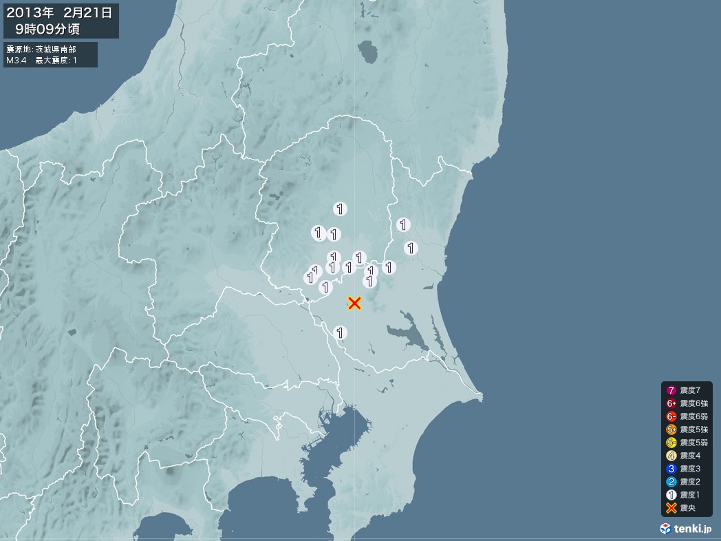 地震情報 2013年02月21日 09時09分頃発生 最大震度：1 震源地：茨城県南部(拡大画像)