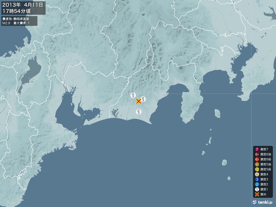 地震情報 2013年04月11日 17時54分頃発生 最大震度：1 震源地：静岡県西部(拡大画像)