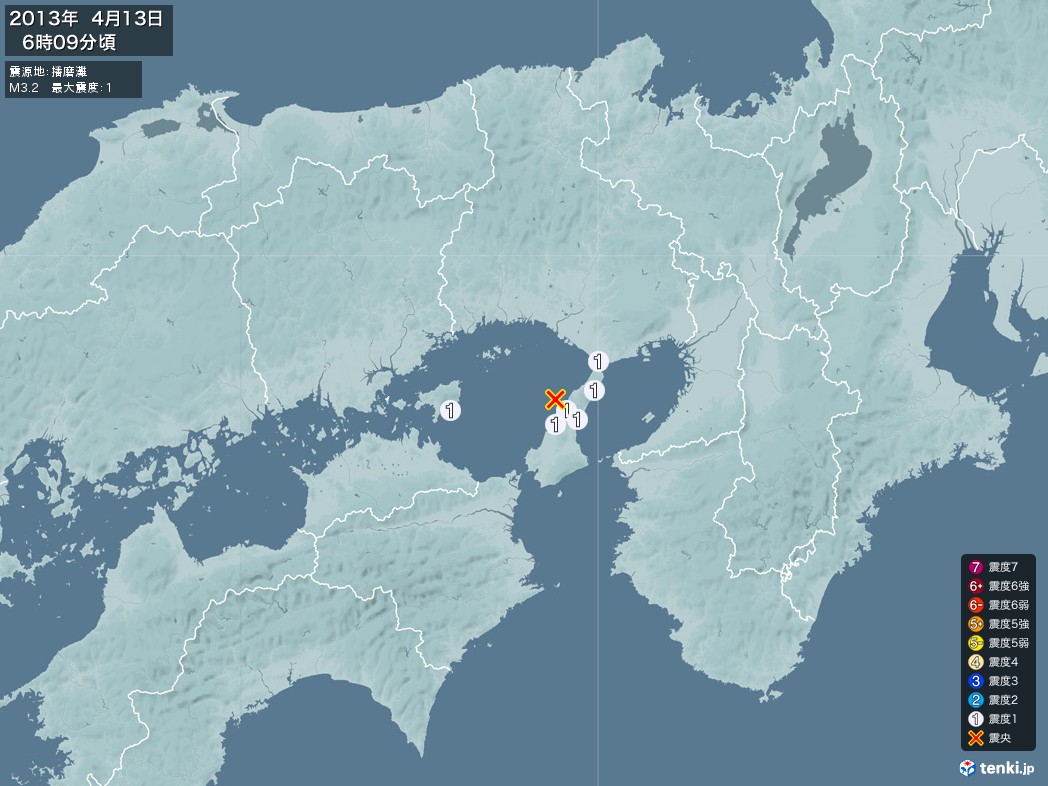 地震情報 2013年04月13日 06時09分頃発生 最大震度：1 震源地：播磨灘(拡大画像)