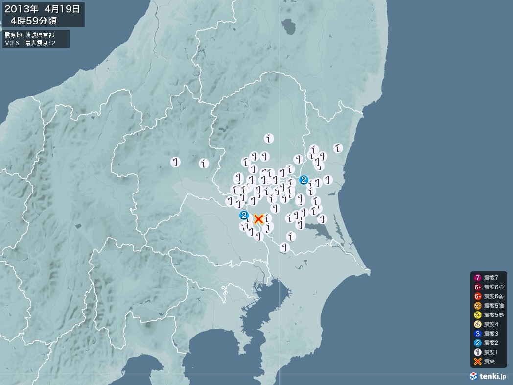 地震情報 2013年04月19日 04時59分頃発生 最大震度：2 震源地：茨城県南部(拡大画像)
