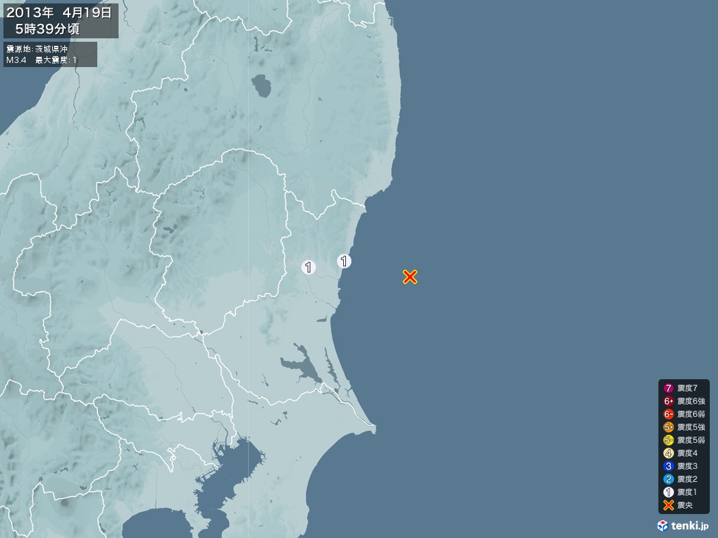 地震情報 2013年04月19日 05時39分頃発生 最大震度：1 震源地：茨城県沖(拡大画像)