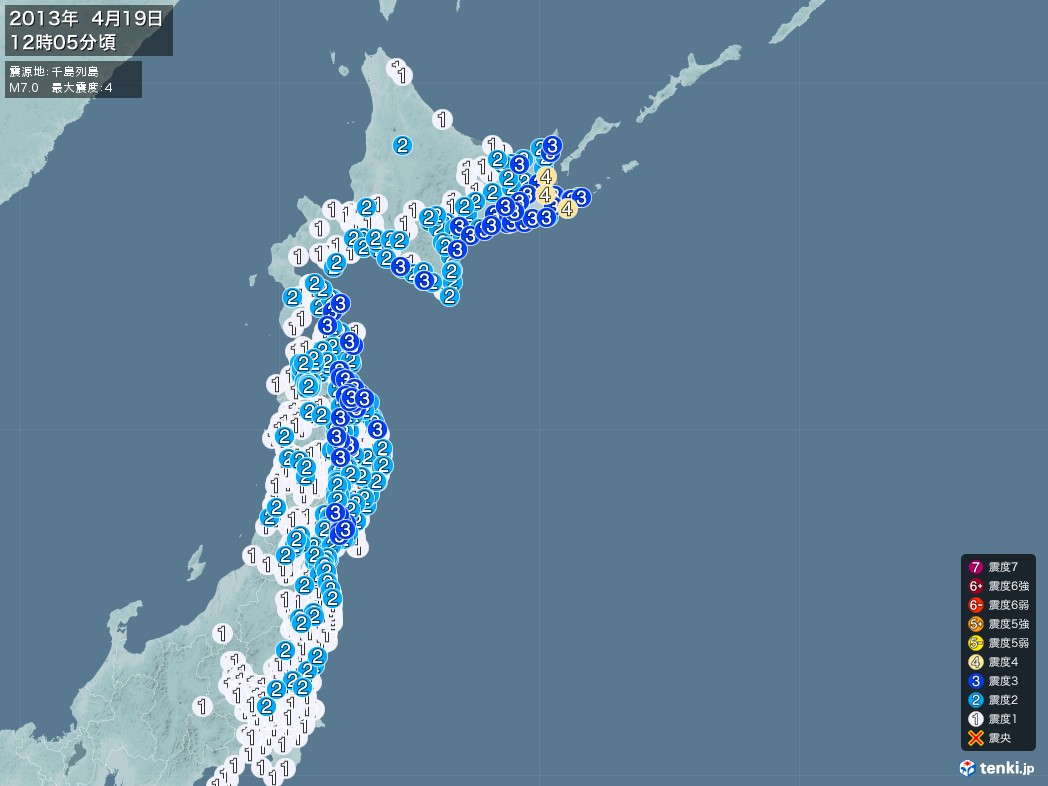地震情報 2013年04月19日 12時05分頃発生 最大震度：4 震源地：千島列島(拡大画像)