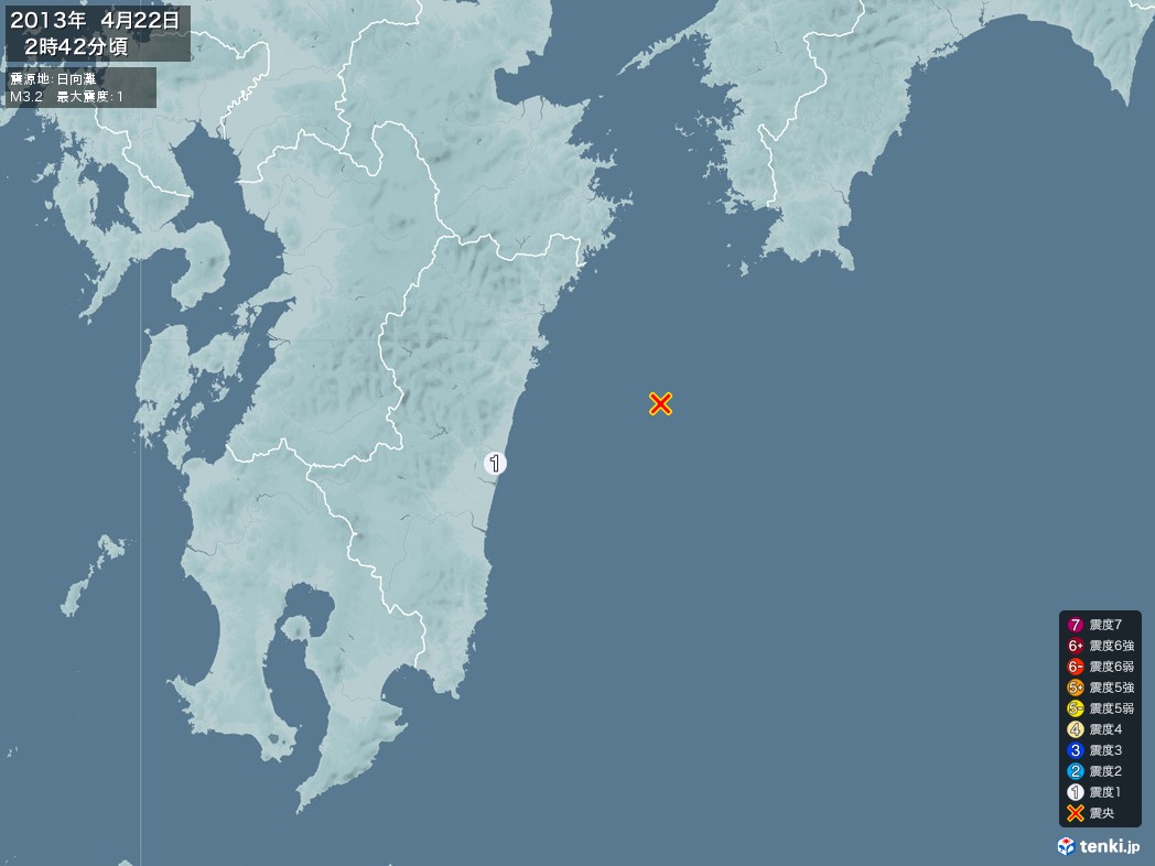 地震情報 2013年04月22日 02時42分頃発生 最大震度：1 震源地：日向灘(拡大画像)
