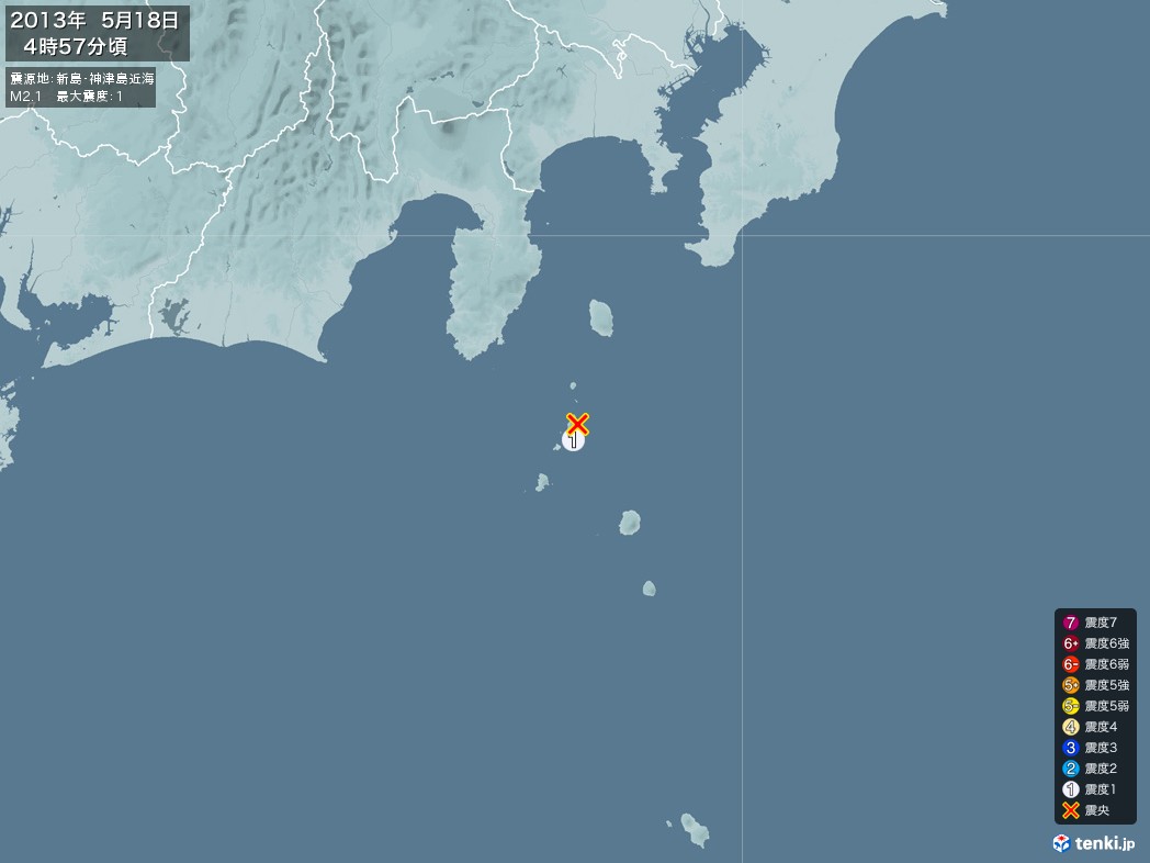 地震情報 2013年05月18日 04時57分頃発生 最大震度：1 震源地：新島・神津島近海(拡大画像)
