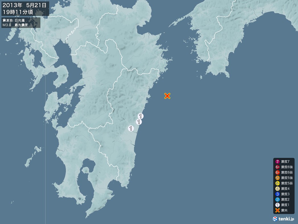 地震情報 2013年05月21日 19時11分頃発生 最大震度：1 震源地：日向灘(拡大画像)