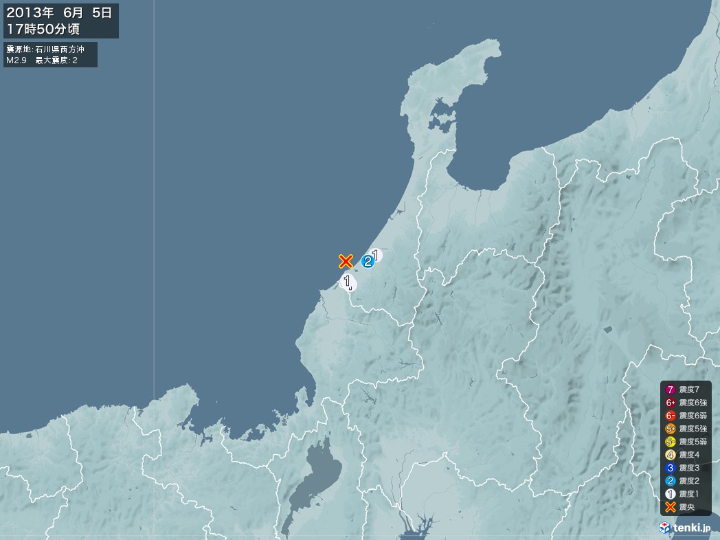地震情報 2013年06月05日 17時50分頃発生 最大震度：2 震源地：石川県西方沖(拡大画像)