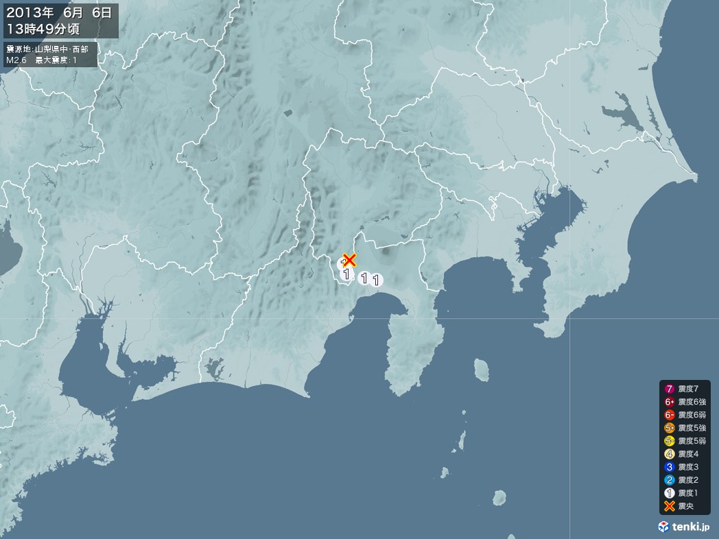 地震情報 2013年06月06日 13時49分頃発生 最大震度：1 震源地：山梨県中・西部(拡大画像)