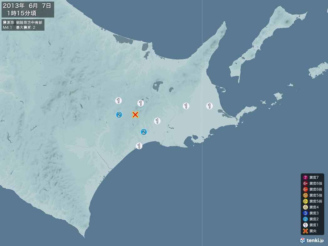 地震情報 2013年06月07日 01時15分頃発生 最大震度：2 震源地：釧路地方中南部(拡大画像)