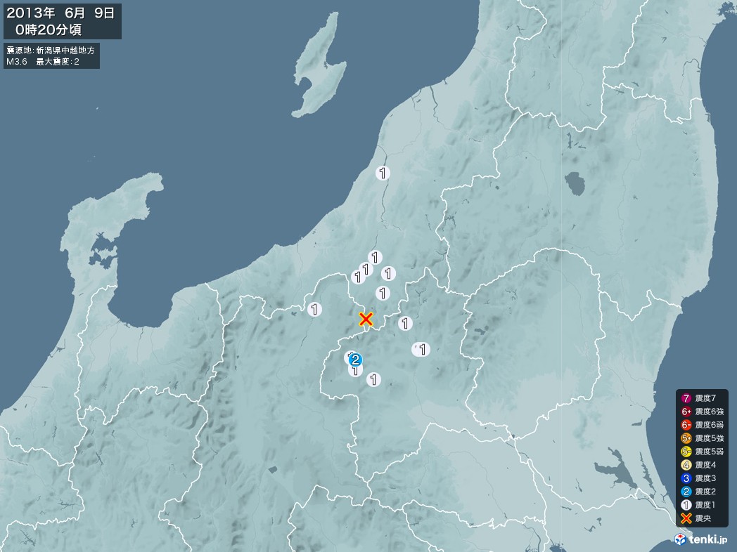 地震情報 2013年06月09日 00時20分頃発生 最大震度：2 震源地：新潟県中越地方(拡大画像)