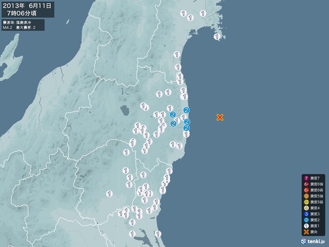 地震情報 2013年06月11日 07時06分頃発生 最大震度：2 震源地：福島県沖(拡大画像)