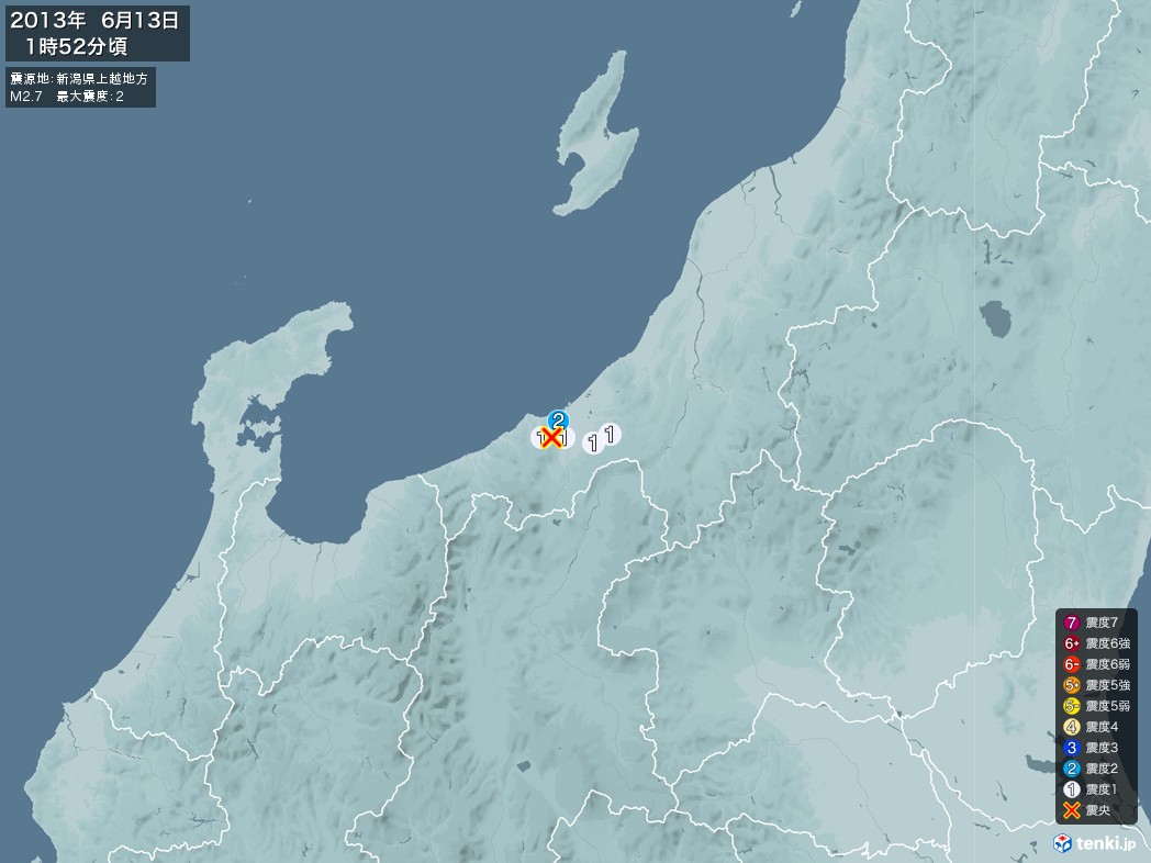 地震情報 2013年06月13日 01時52分頃発生 最大震度：2 震源地：新潟県上越地方(拡大画像)