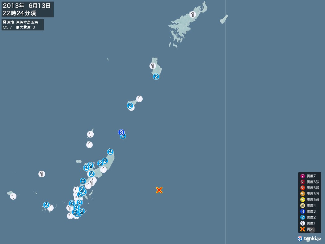 地震情報 2013年06月13日 22時24分頃発生 最大震度：3 震源地：沖縄本島近海(拡大画像)