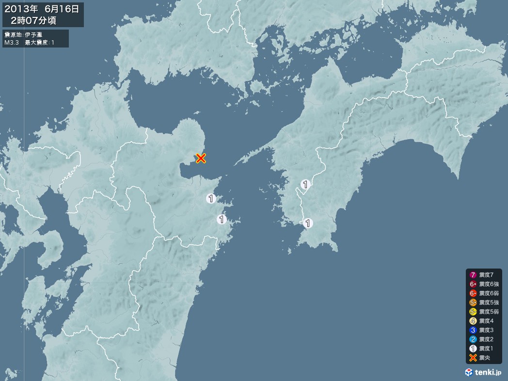 地震情報 2013年06月16日 02時07分頃発生 最大震度：1 震源地：伊予灘(拡大画像)