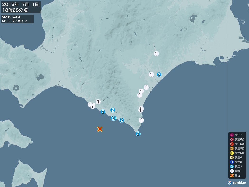 地震情報 2013年07月01日 18時28分頃発生 最大震度：2 震源地：浦河沖(拡大画像)