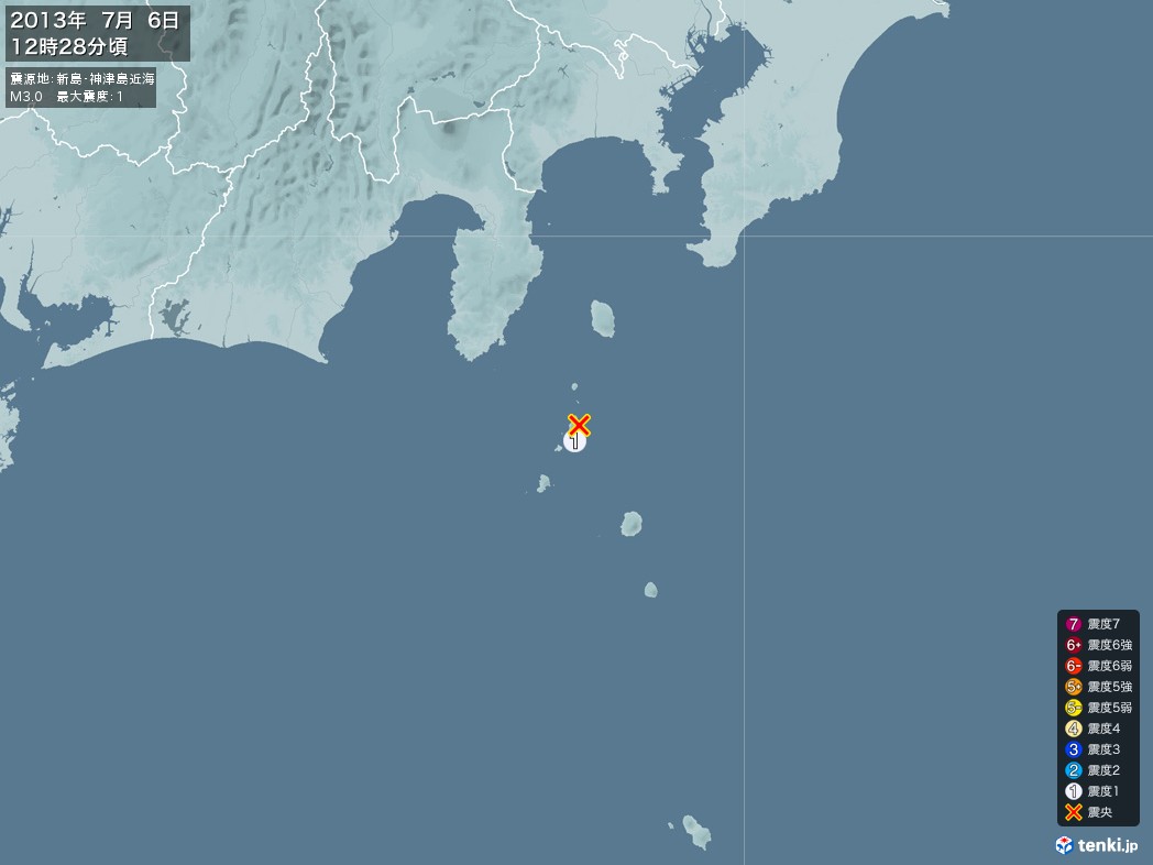 地震情報 2013年07月06日 12時28分頃発生 最大震度：1 震源地：新島・神津島近海(拡大画像)