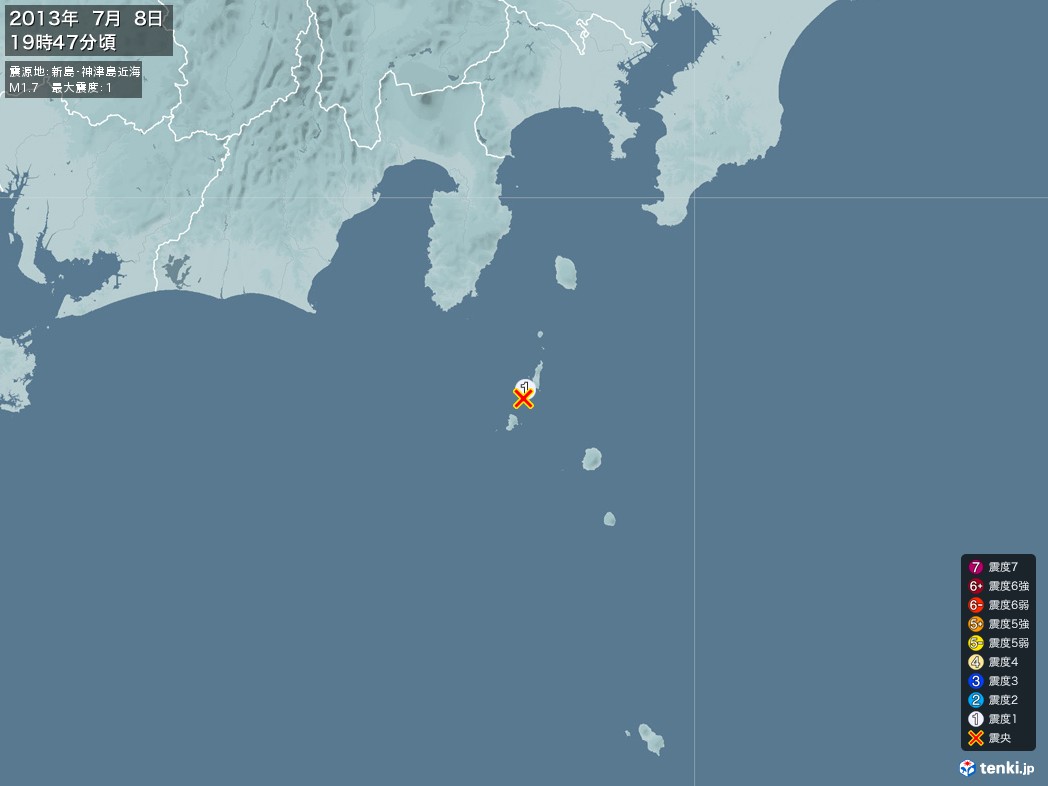 地震情報 2013年07月08日 19時47分頃発生 最大震度：1 震源地：新島・神津島近海(拡大画像)