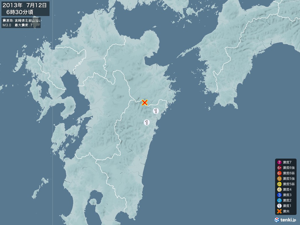 地震情報 2013年07月12日 06時30分頃発生 最大震度：1 震源地：宮崎県北部山沿い(拡大画像)