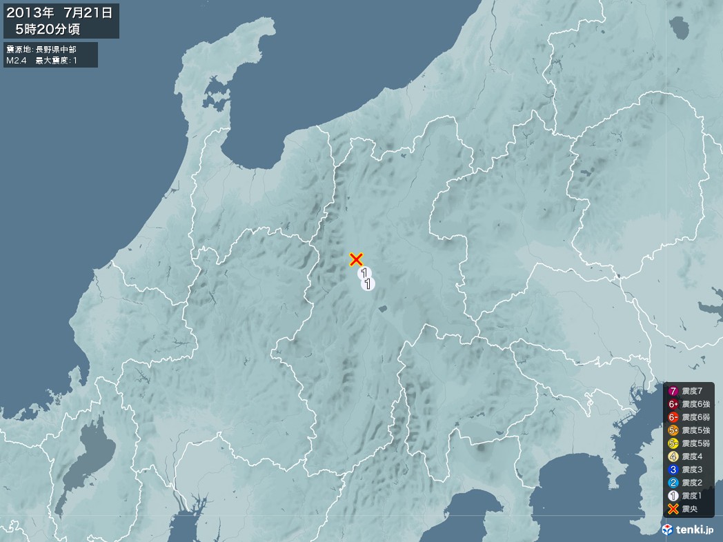 地震情報 2013年07月21日 05時20分頃発生 最大震度：1 震源地：長野県中部(拡大画像)