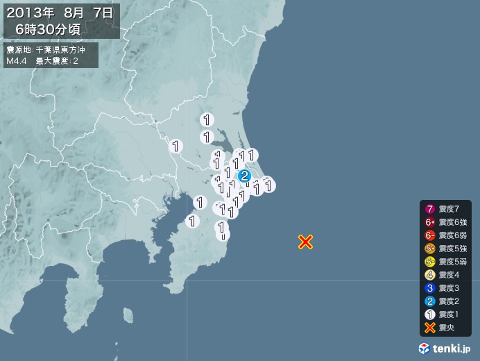 地震情報(2013年08月07日06時30分発生)