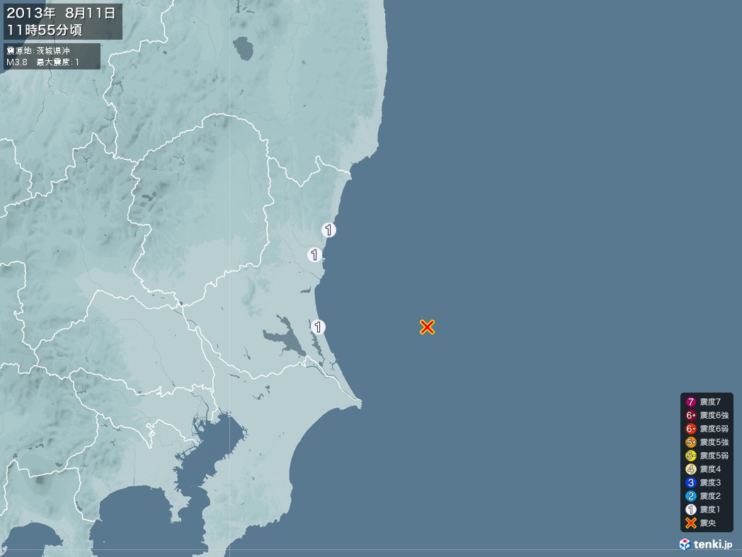 地震情報 2013年08月11日 11時55分頃発生 最大震度：1 震源地：茨城県沖(拡大画像)