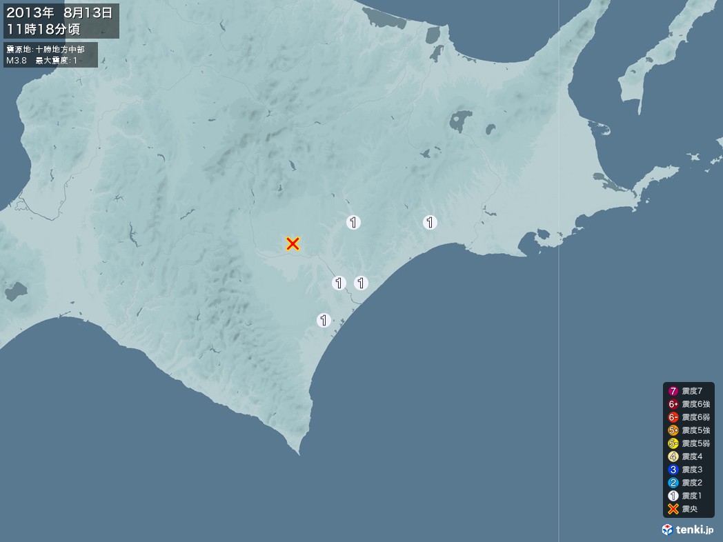 地震情報 2013年08月13日 11時18分頃発生 最大震度：1 震源地：十勝地方中部(拡大画像)