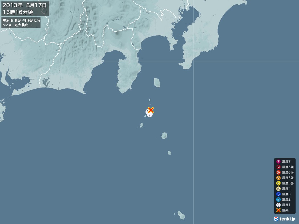 地震情報 2013年08月17日 13時16分頃発生 最大震度：1 震源地：新島・神津島近海(拡大画像)
