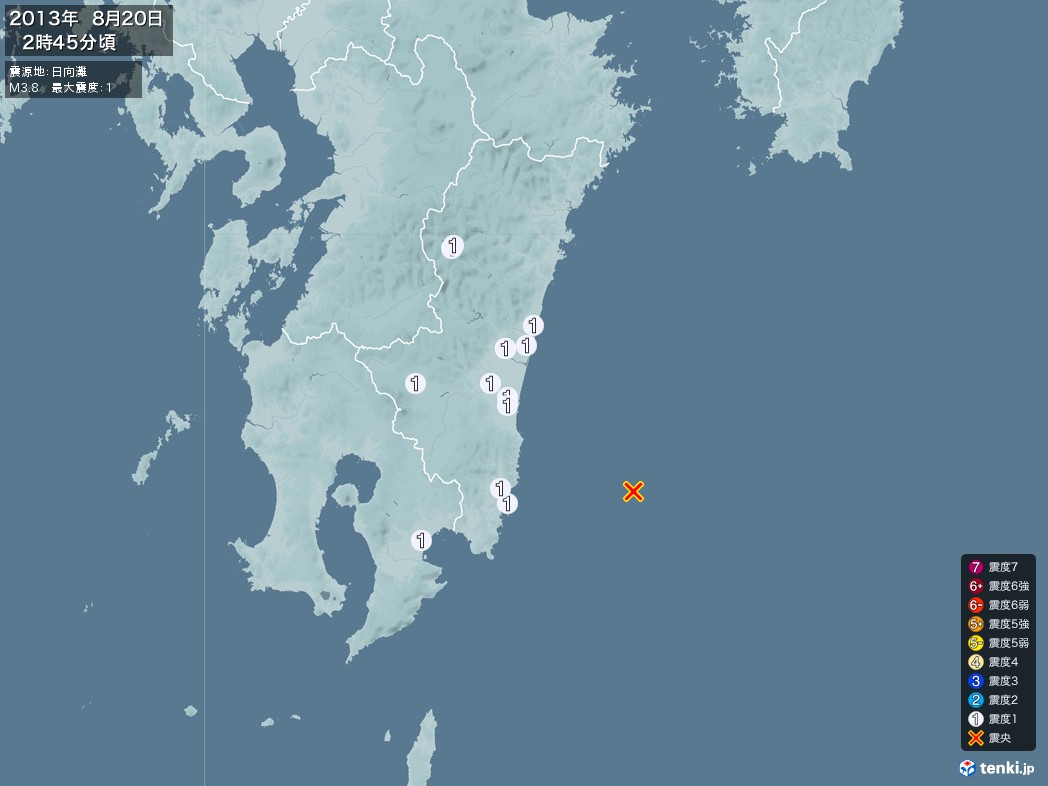 地震情報 2013年08月20日 02時45分頃発生 最大震度：1 震源地：日向灘(拡大画像)