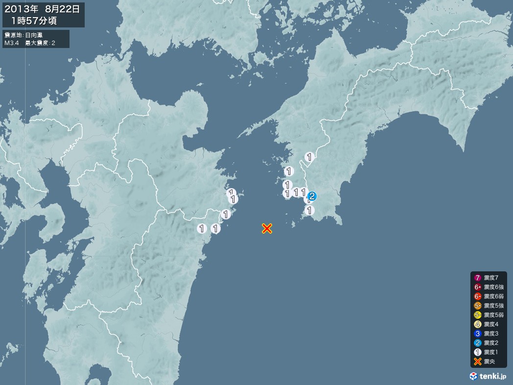 地震情報 2013年08月22日 01時57分頃発生 最大震度：2 震源地：日向灘(拡大画像)