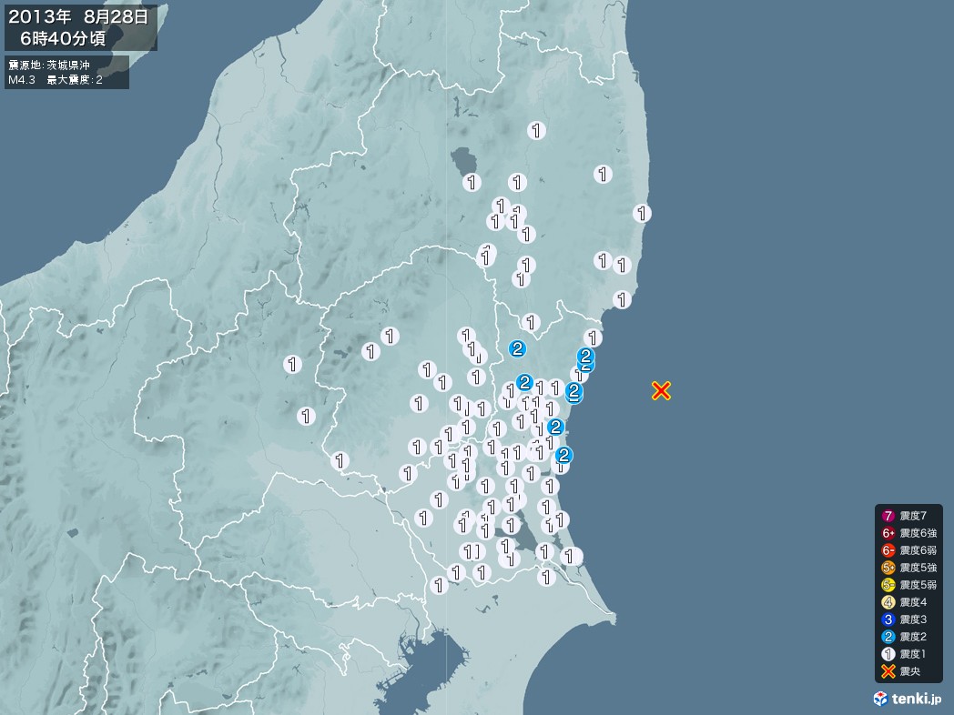 地震情報 2013年08月28日 06時40分頃発生 最大震度：2 震源地：茨城県沖(拡大画像)