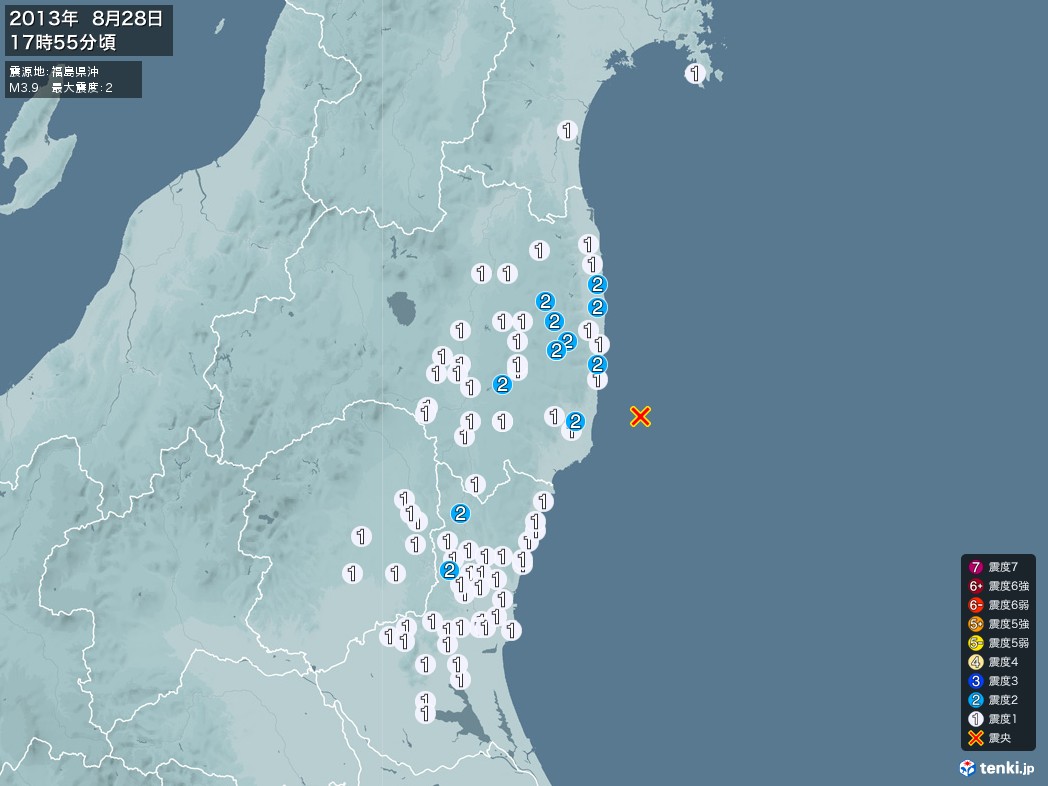 地震情報 2013年08月28日 17時55分頃発生 最大震度：2 震源地：福島県沖(拡大画像)