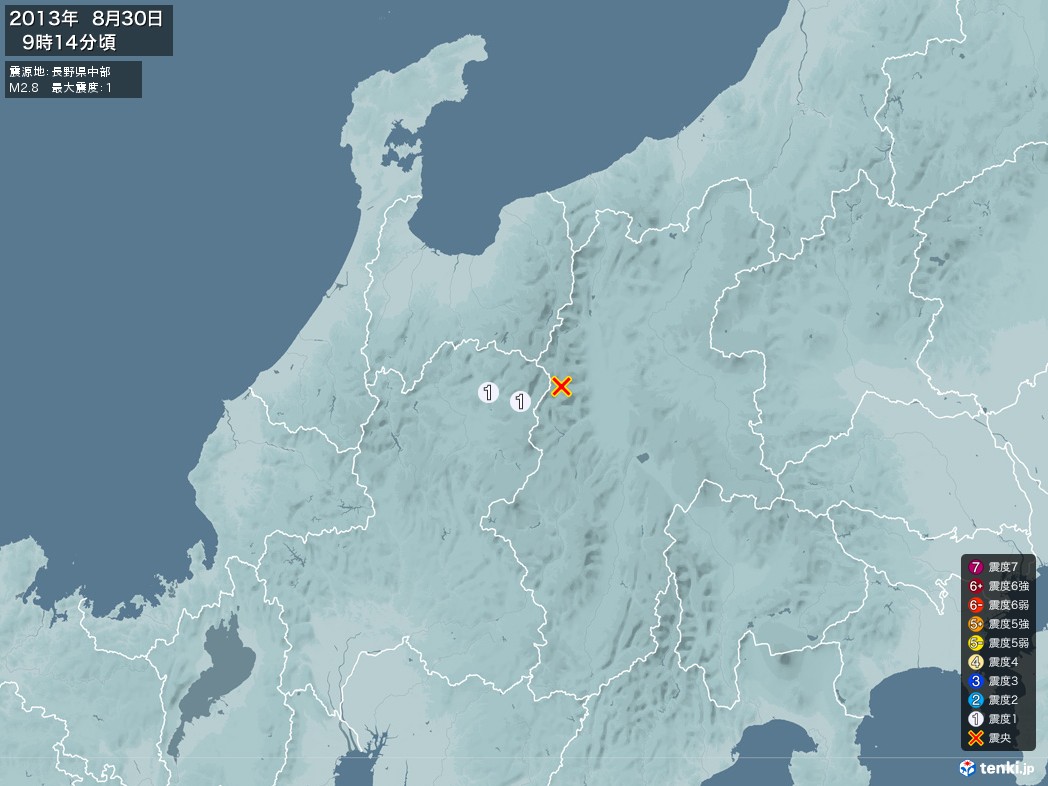地震情報 2013年08月30日 09時14分頃発生 最大震度：1 震源地：長野県中部(拡大画像)