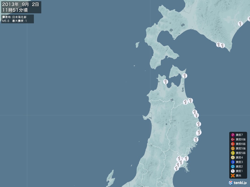 地震情報 2013年09月02日 11時51分頃発生 最大震度：1 震源地：日本海北部(拡大画像)